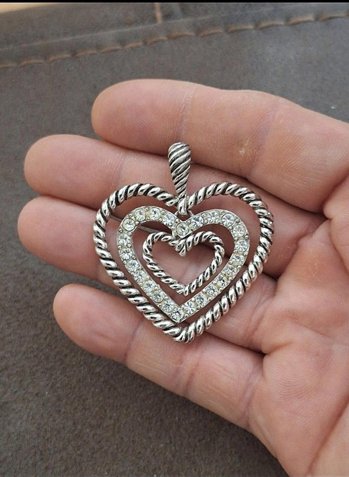 Vintage Rope Style Three Hearts With Sparkly Rhinestones Silver Tone Dan