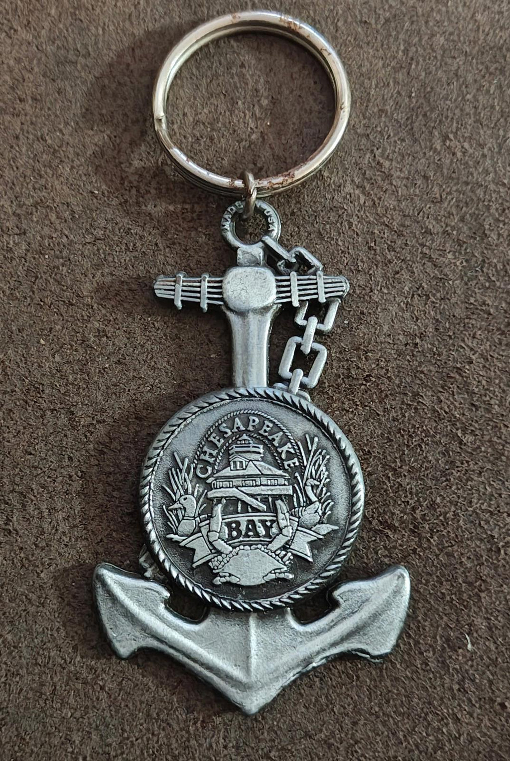 1980's Chesapeake Bay Anchor Shaped Souvenir Pewter Keychain