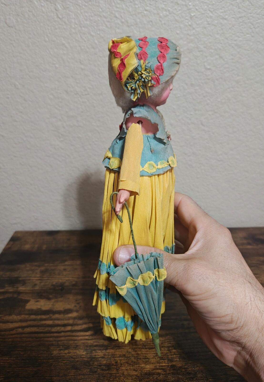 1930s/40s Rare Handcrafted Crepe Paper Doll With Plastic/Celluloid Face & Body