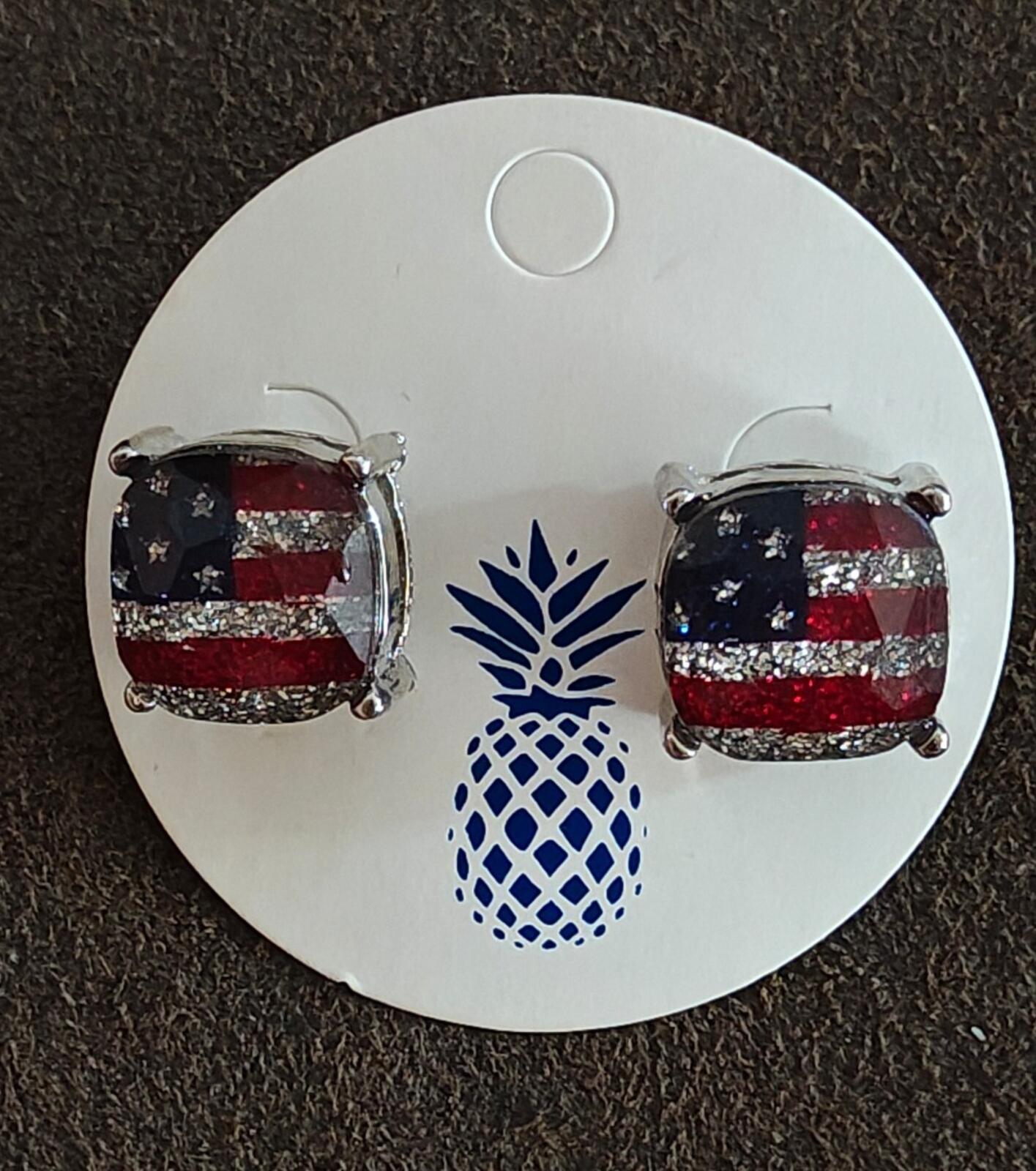 Patriotic Cushion-Cut Glass With Glitter Accents American Flag Stud Earrings.