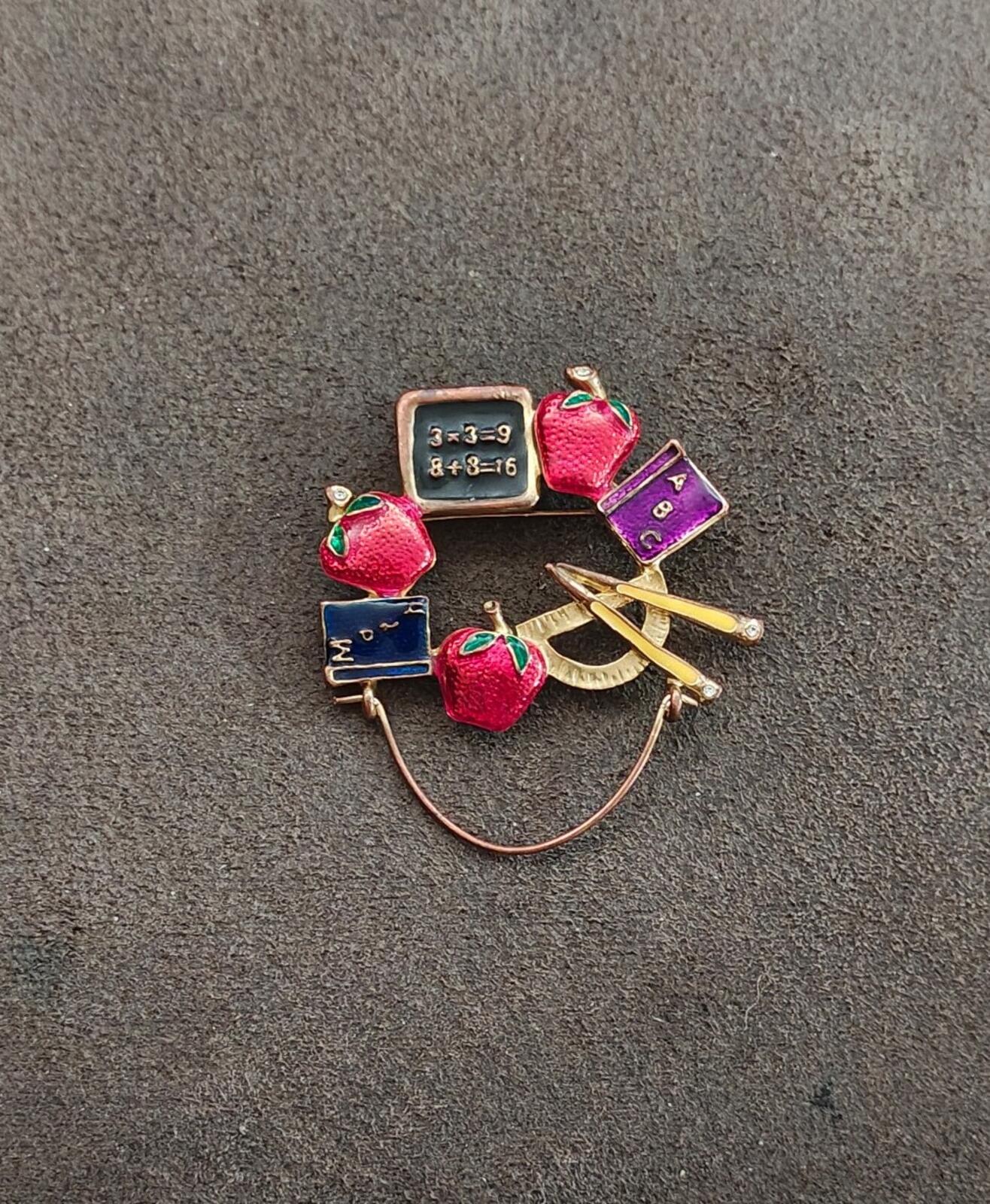 1980s Gold Tone Enamel School Teacher Brooch
