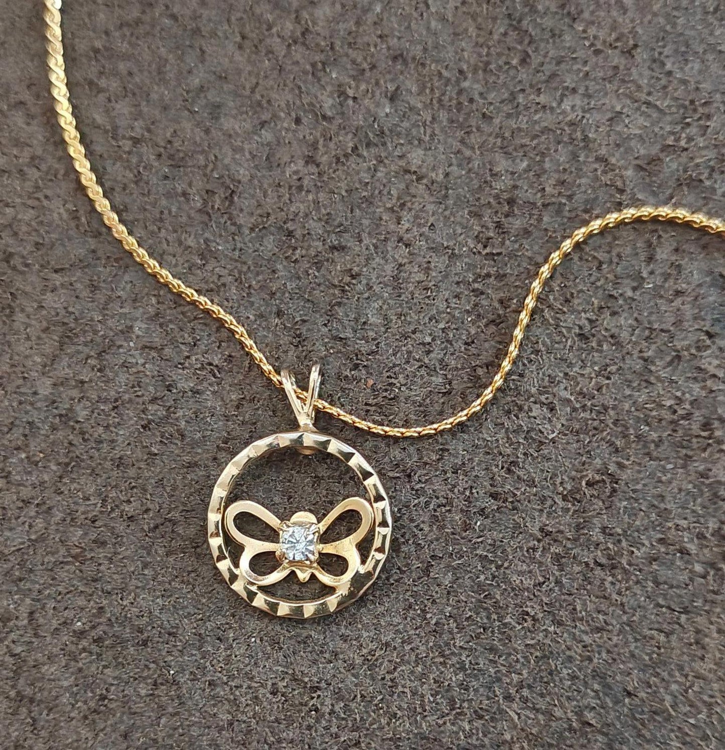 1980's Open Circle Butterfly With Clear Rhinestone Pendant Necklace