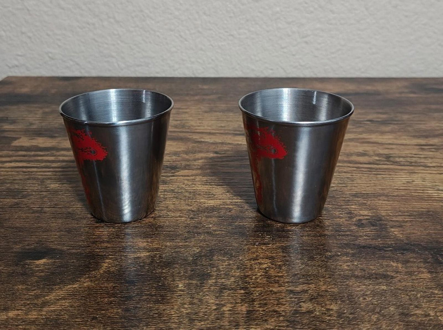 1980s Set Of 2 Fireball Cinnamon Whisky Stainless Steel Dragon Shot Glasses