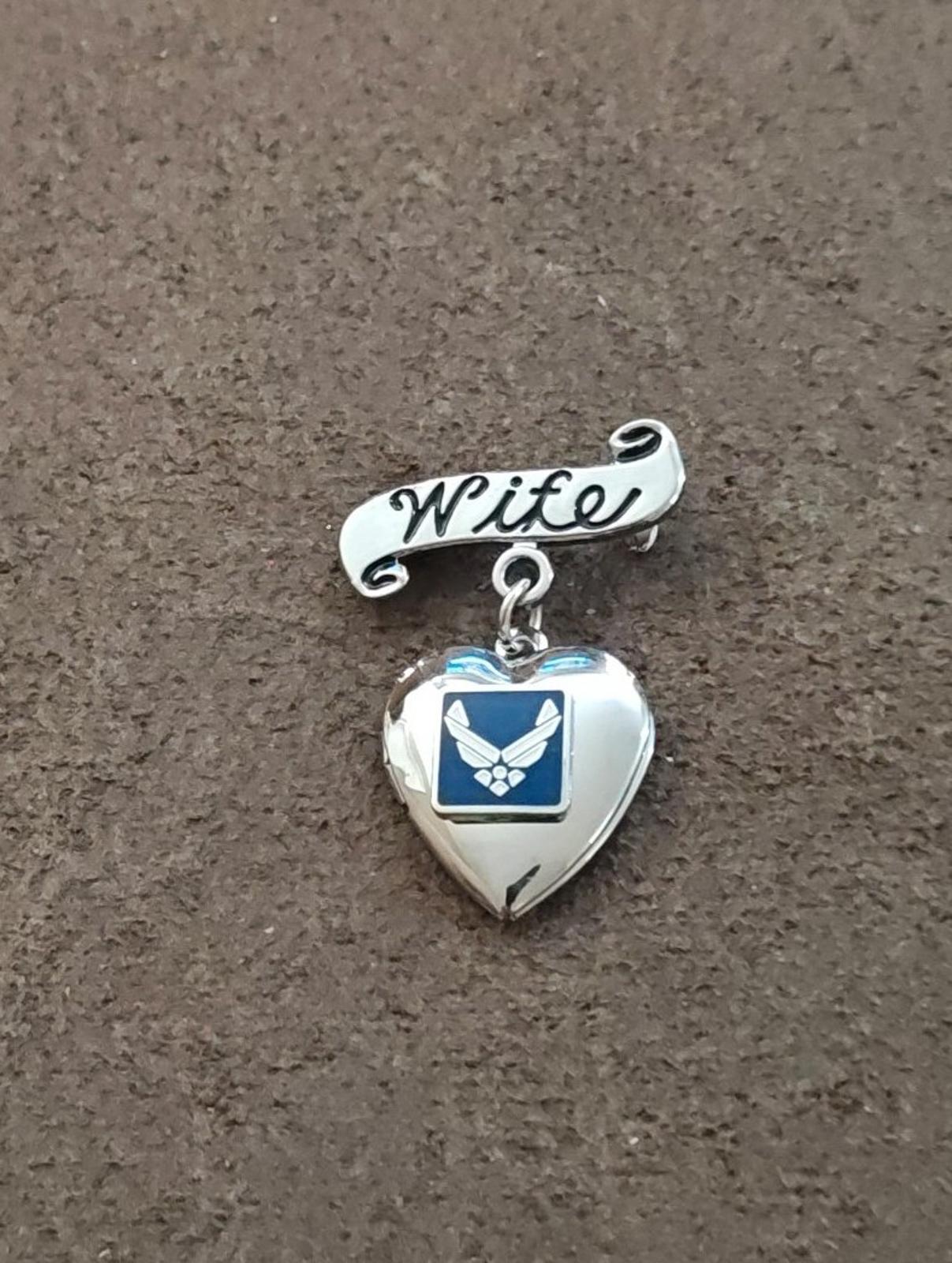 U.S. Air Force Wife Silver Tone With Blue & White Enamel Dangle Brooch Locket