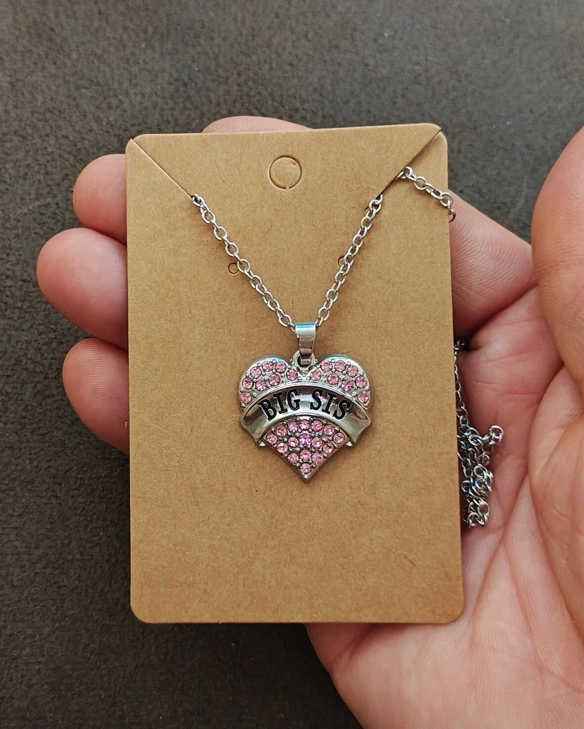 Silver Tone "Big Sis" Crystal Heart Pendant Necklace New On Card