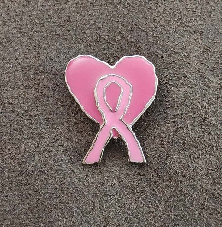 Pink Breast Cancer Awareness Ribbon Heart Silver Tone Enamel Pin