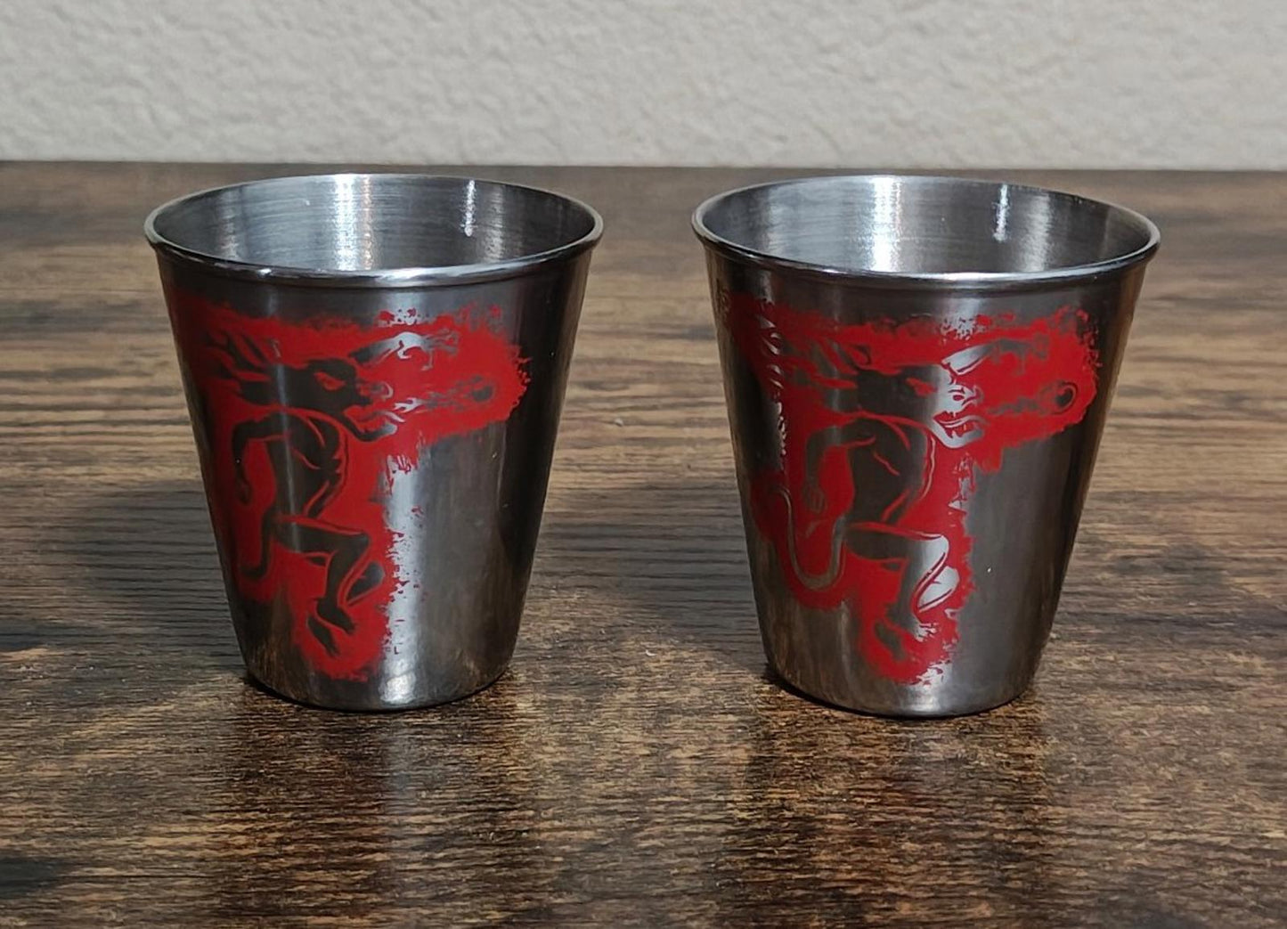 1980s Set Of 2 Fireball Cinnamon Whisky Stainless Steel Dragon Shot Glasses