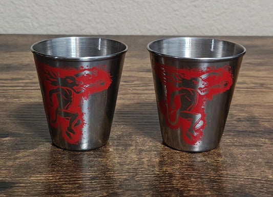 1980s Set Of 2 Fireball Cinnamon Whisky Stainless Steel Dragon Shot Glasses