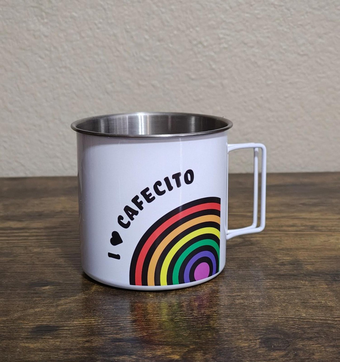Colorful "Pride" Cafecito" Rainbow Metal Camping Mug