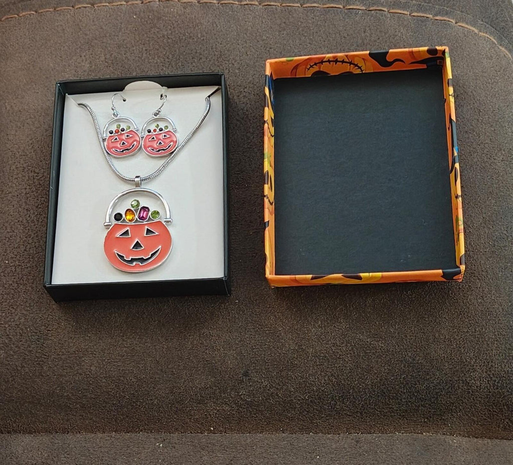 3 Pc Silver Tone Set Of Halloween Orange Jack-o-Lantern Earrings n Necklace