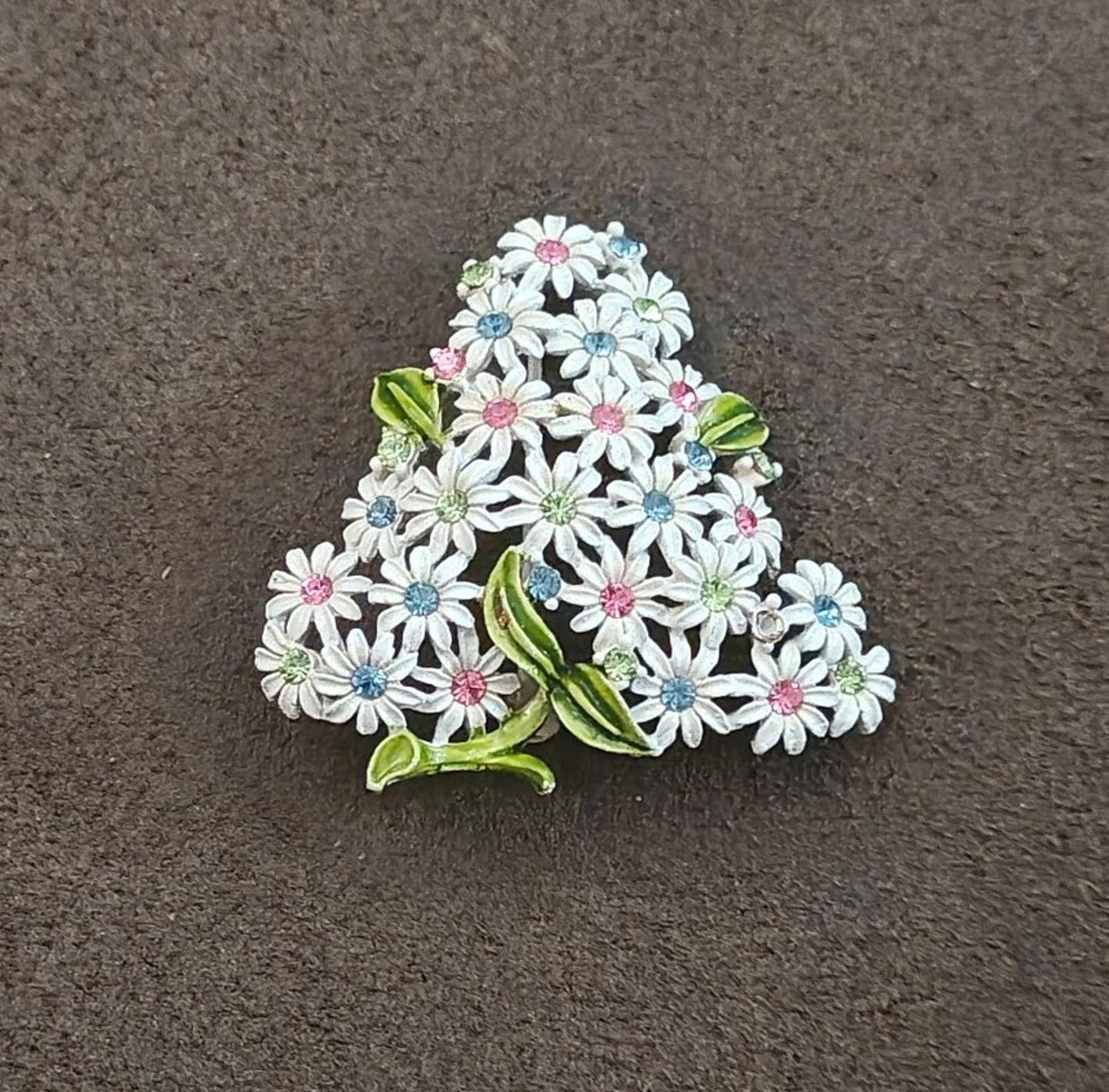 1960s Gold Tone White Flowers & Pink Blue Green Rhinestones Brooch