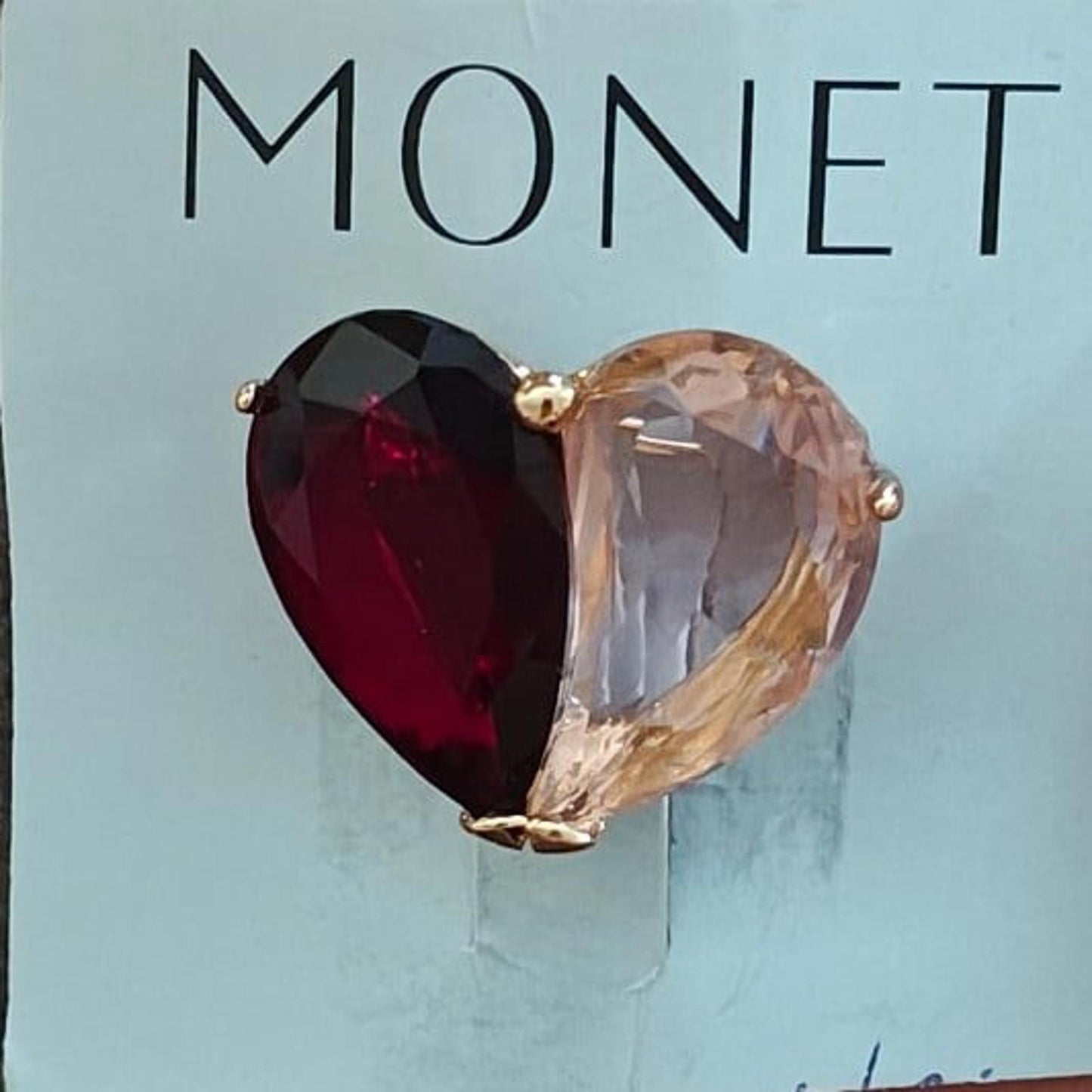 1980's Monet Diamond Cut Red & Pink Heart Shaped Stones Brooch Pin