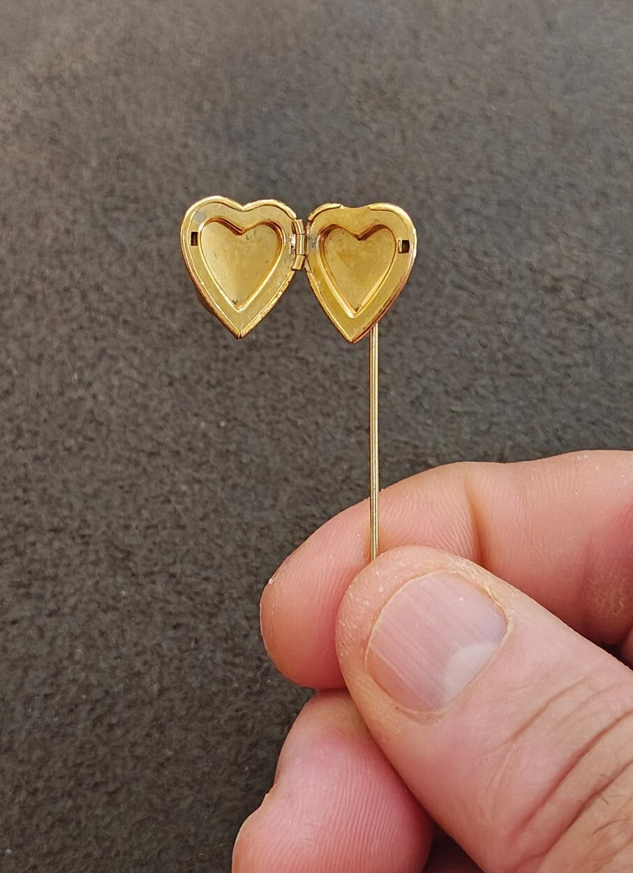 1970s/80s Gold Tone Victorian Revival Style Heart Shaped Floral Locket Stick Pin