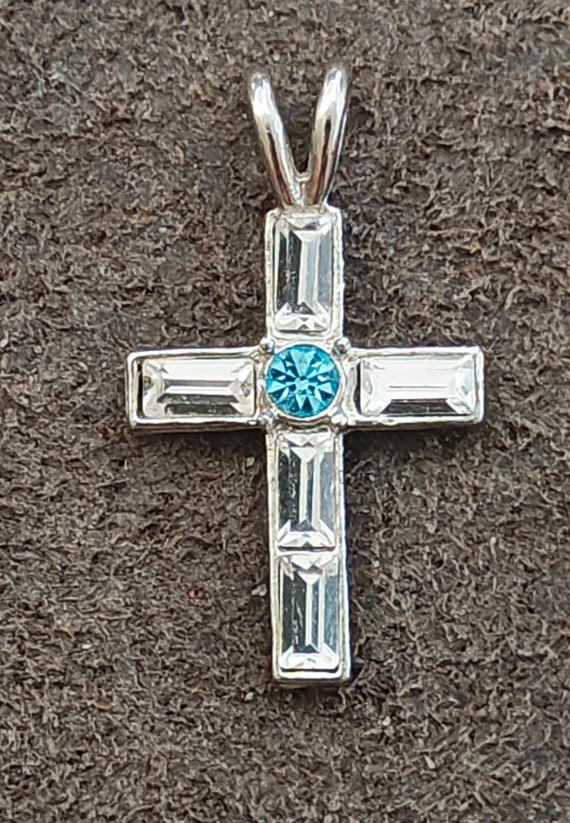 1990s Silver Tone With Clear and Blue Rhinestones Cross Pendant