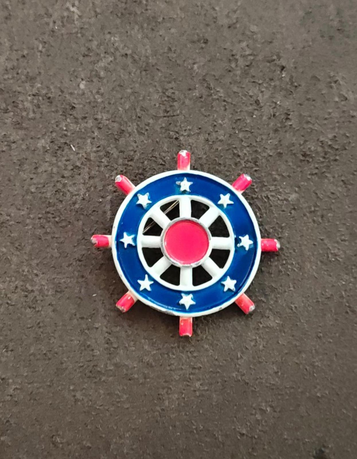 1950s R.N.K. Nautical Red, White and Blue Ship's Wheel Metal Enamel Brooch