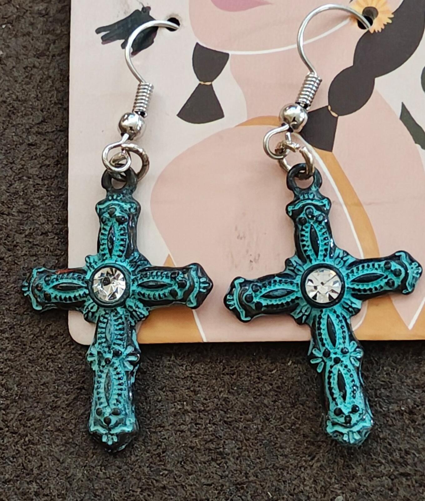 Antique Style Turquoise Cross Earrings Rhinestone Center Silver Tone Ear Wires