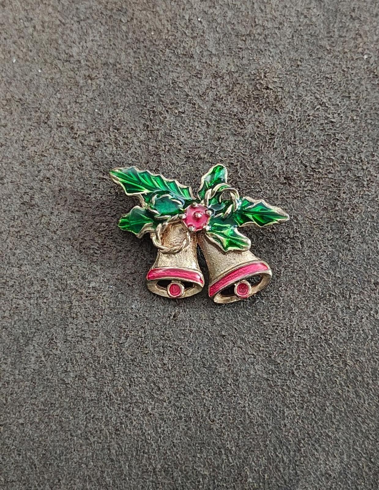 1970s Gold Tone Enamel Christmas Bells Brooch Pin