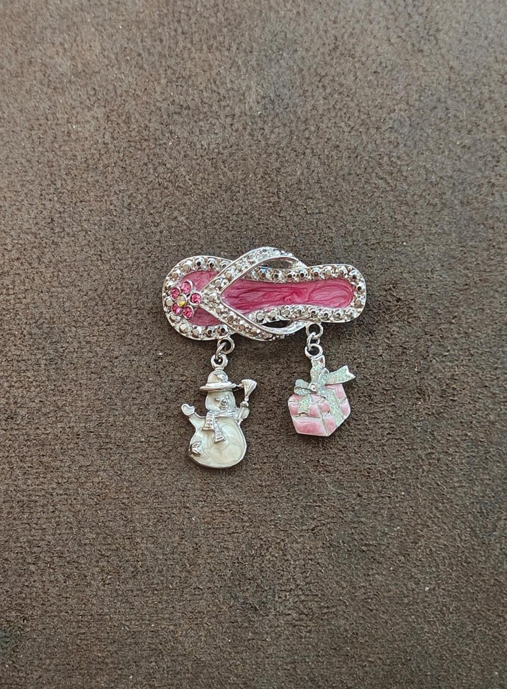 90s Silver Tone Flip Flop With Dangling Charms Enamel & Rhinestones  Brooch