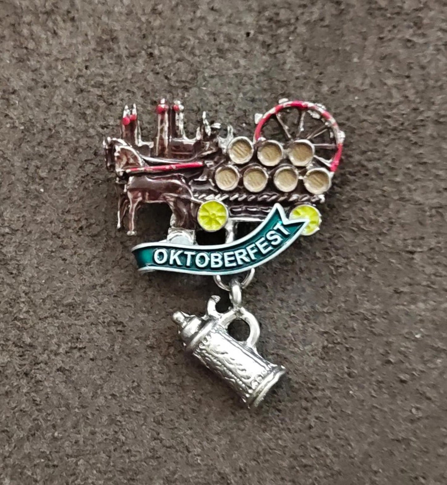 German Oktoberfest Beer Wagon With a Banner and a Dangling Beer Stein Brooch