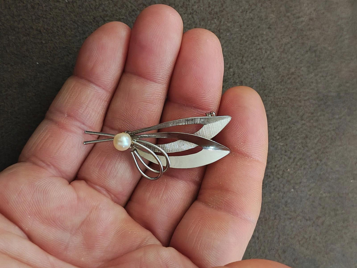 1950s/60s Sterling Silver Modernist With Cultured Pearl Brooch