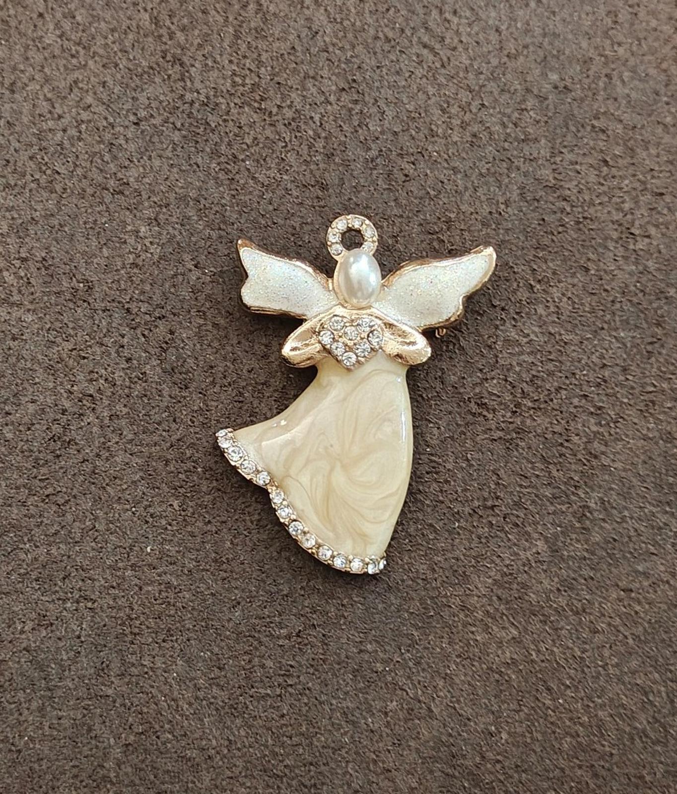 1980s Signed KC (Kenneth Cole) Pearlized Enamel Angel Gold Tone Brooch