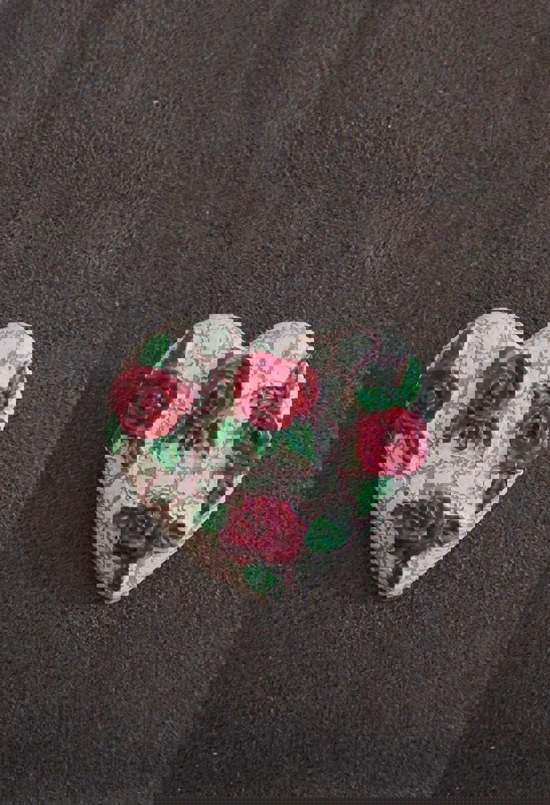 1980s Crackled White Heart Red Roses Resin Pin