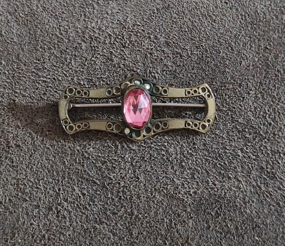 Beautiful Antique 1900s Victorian Filigree Gold Tone With Pink Stone Brooch Pin.