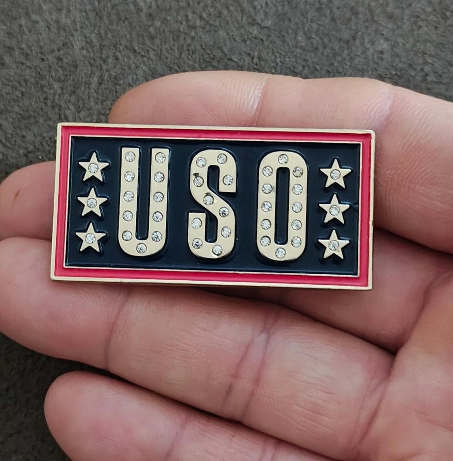 USO Gold Tone With Clear Rhinestones Red & Blue Enamel Pin