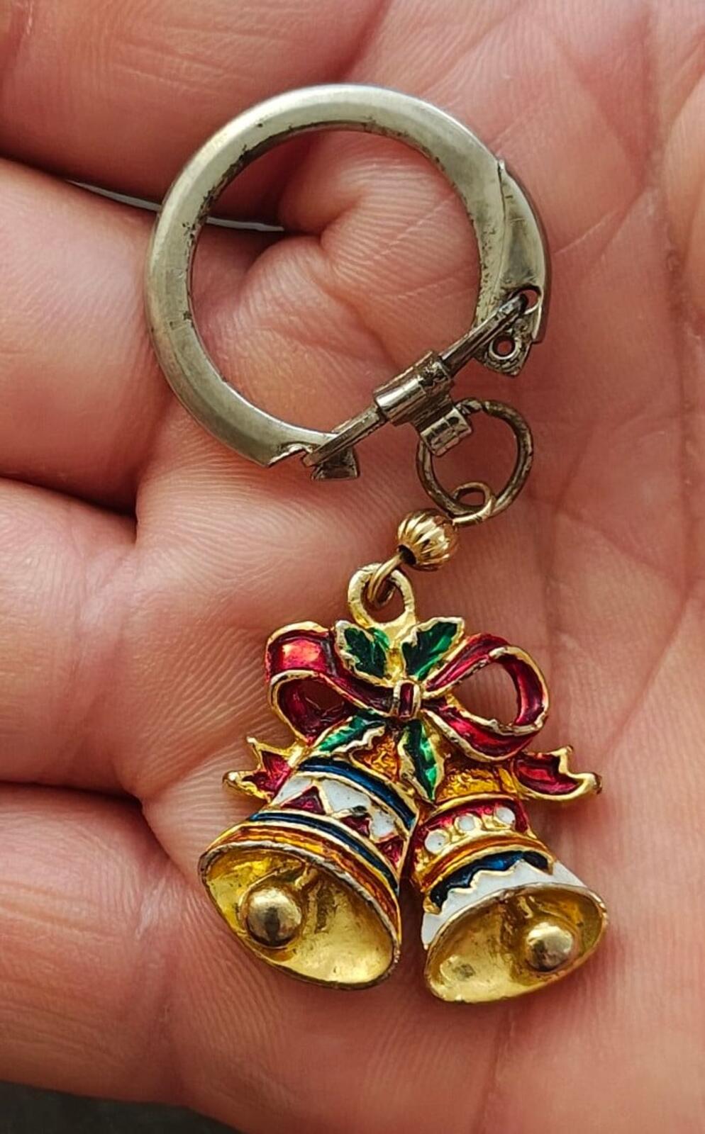 1980s Gold Tone With Red White & Green Enamel Christmas Bell Keychain