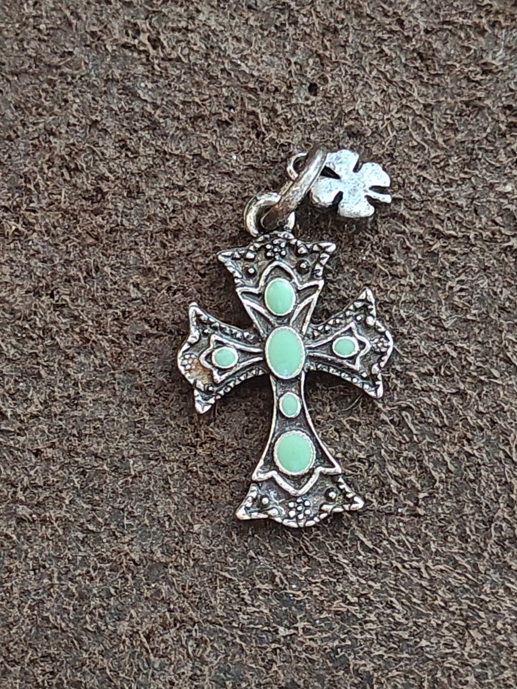 1990s Lucky Brand Antiqued Silver With Faux Turquoise Southwestern Cross Pendant