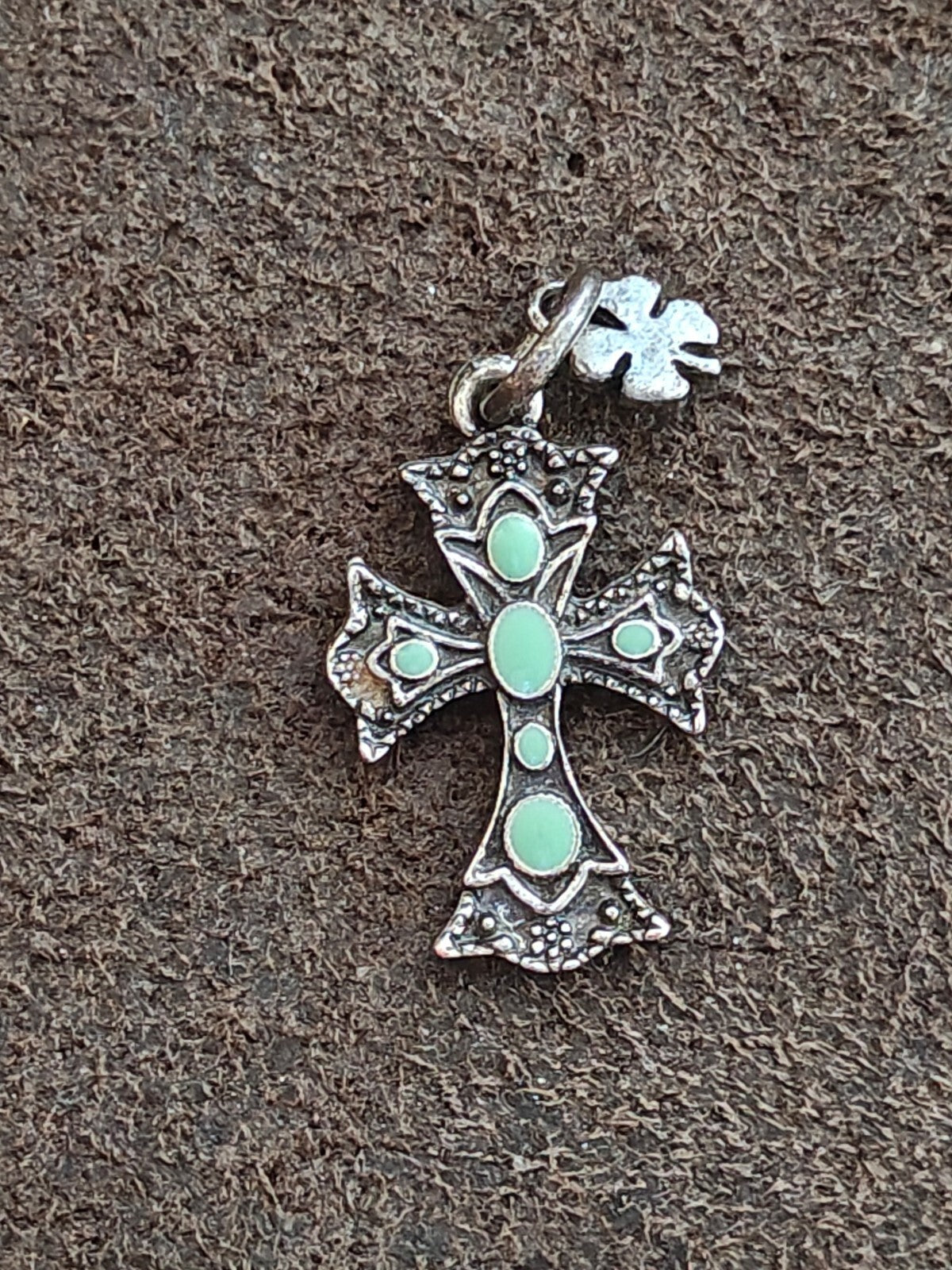 1990s Lucky Brand Antiqued Silver With Faux Turquoise Southwestern Cross Pendant