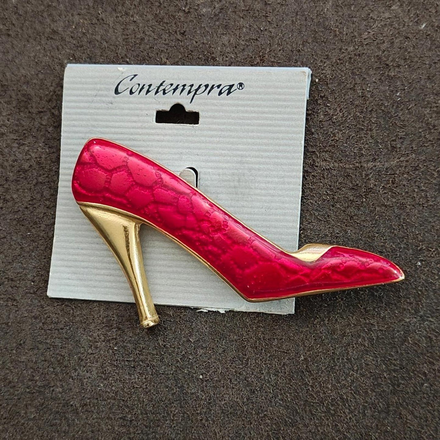 1990s Contempra Red High Heel Gold Tone Red Acrylic Shoe Brooch