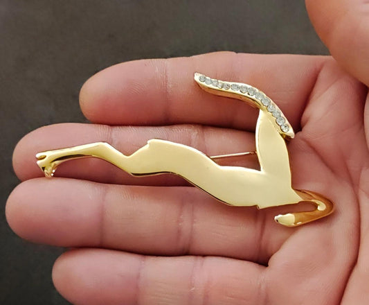 80s Large Gold Tone Leaping Gazelle or Impala With Sparking Rhinestones Brooch