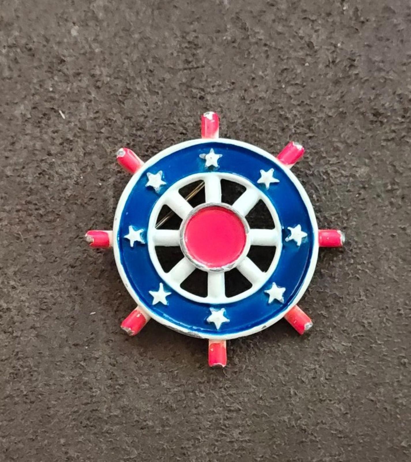1950s R.N.K. Nautical Red, White and Blue Ship's Wheel Metal Enamel Brooch