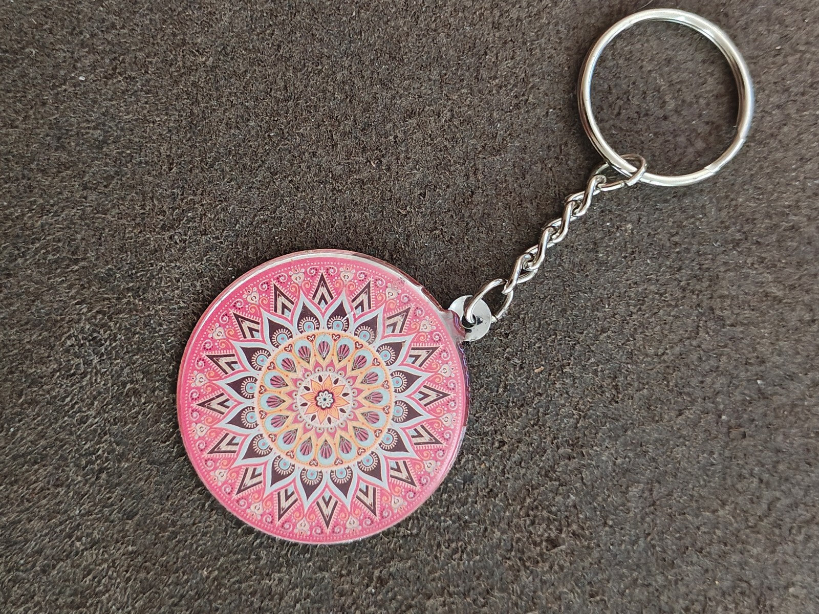 Silver Tone Pink Bohemian Mandala Art Keychain