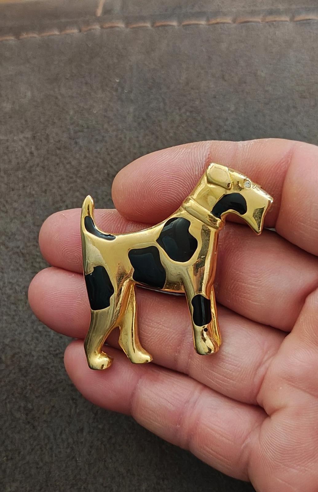 1970s Vintage Airedale Terrier Gold Tone Black Enamel With Rhinestone Eye Brooch