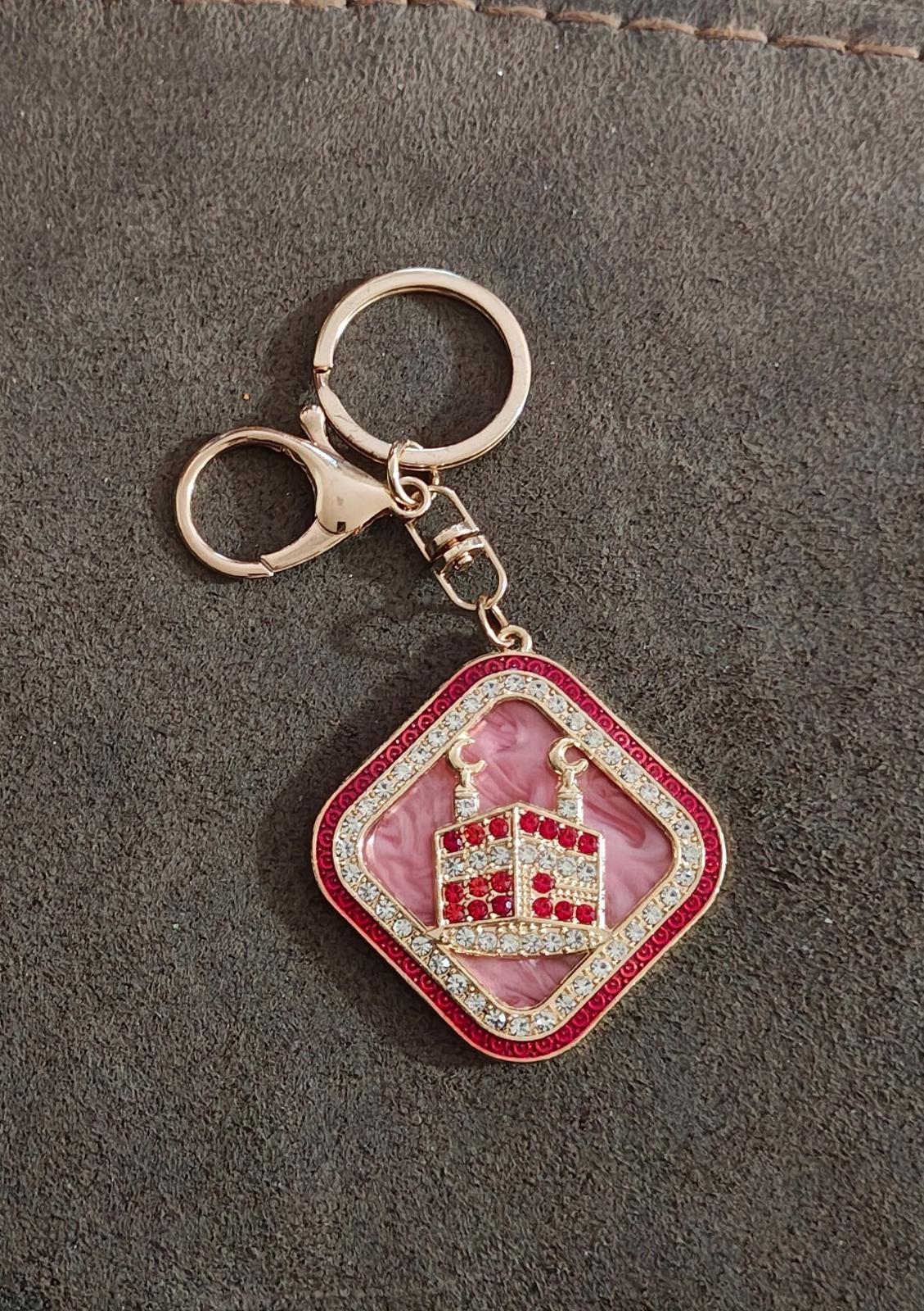 Kaaba in Mecca Clear And Red Rhinestones Gold Tone Keychain