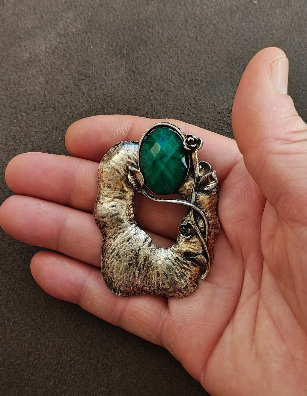 1960s Modernist/Brutalist Style Silver Tone Pendant With Green Stone