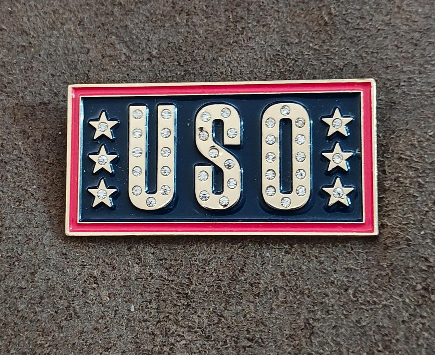 USO Gold Tone With Clear Rhinestones Red & Blue Enamel Pin