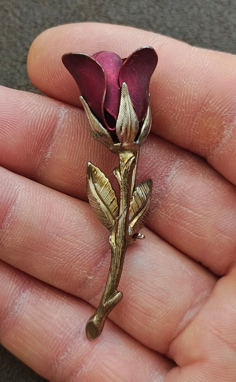 1960s Gold Tone Red Enamel Rose Bud With Stem Brooch Pin