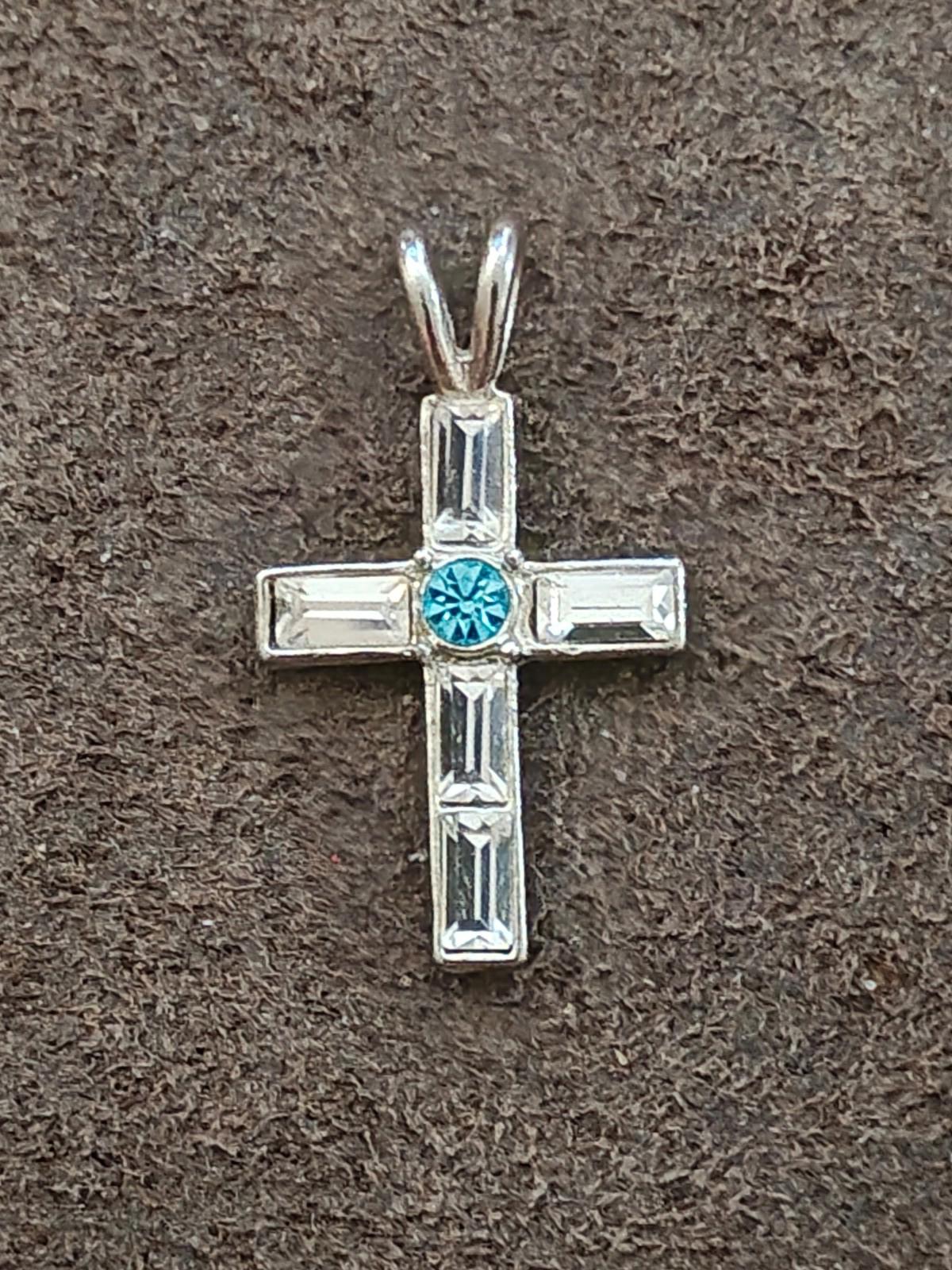 1990s Silver Tone With Clear and Blue Rhinestones Cross Pendant