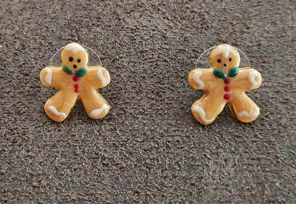 Handpainted Gingerbread Man Gold Tone Stud Earrings