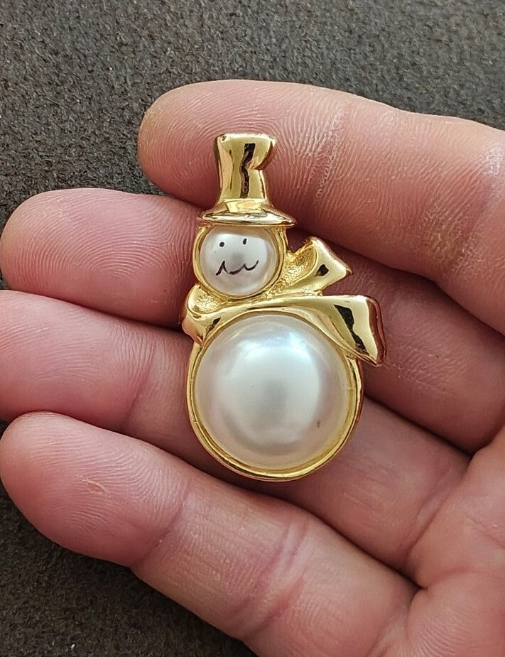 1980s Gold Tone Faux Pearl Snowman Brooch