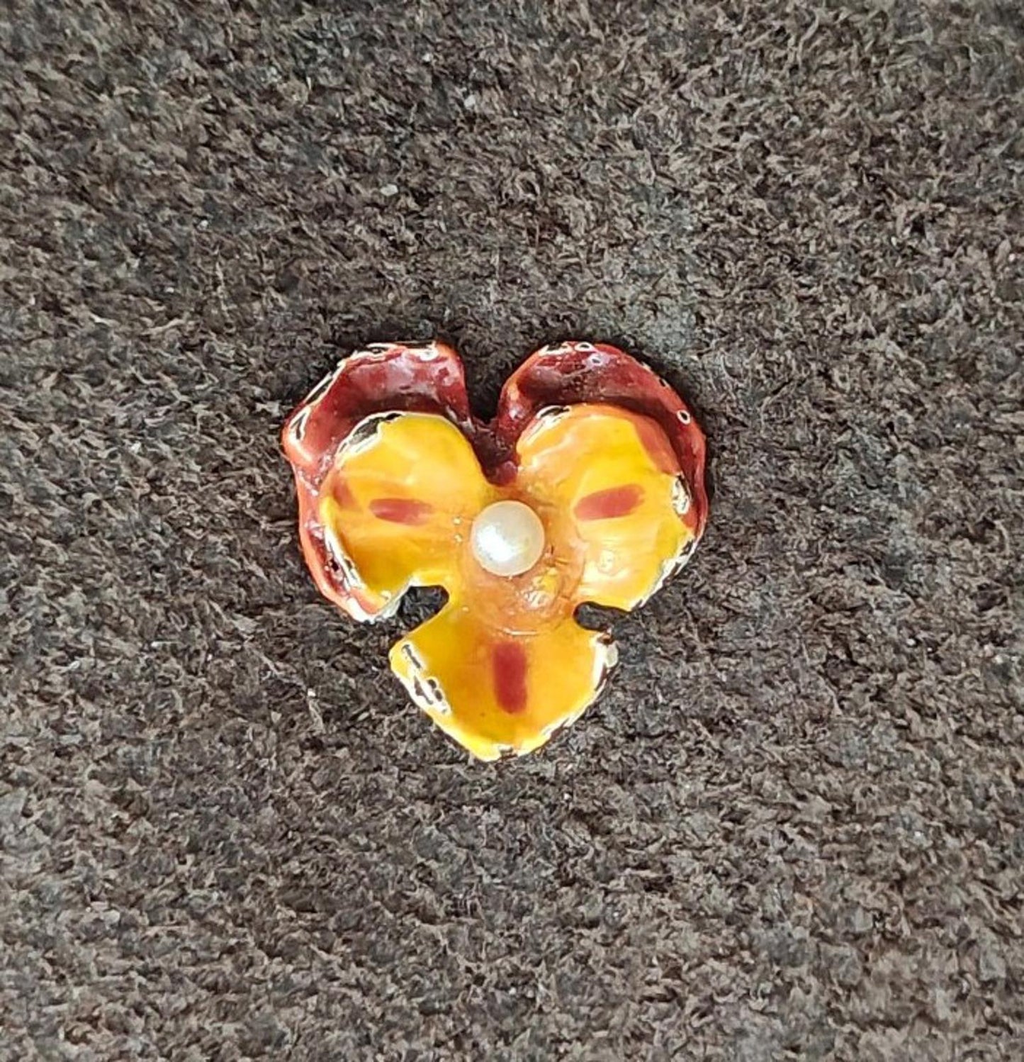 1990s Vintage Orange And Maroon Enamel Small Pansy Brooch With Faux Pearl