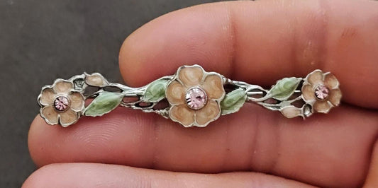 1960s Art Nouveau Floral Bar Silver Tone Enamel Brooch