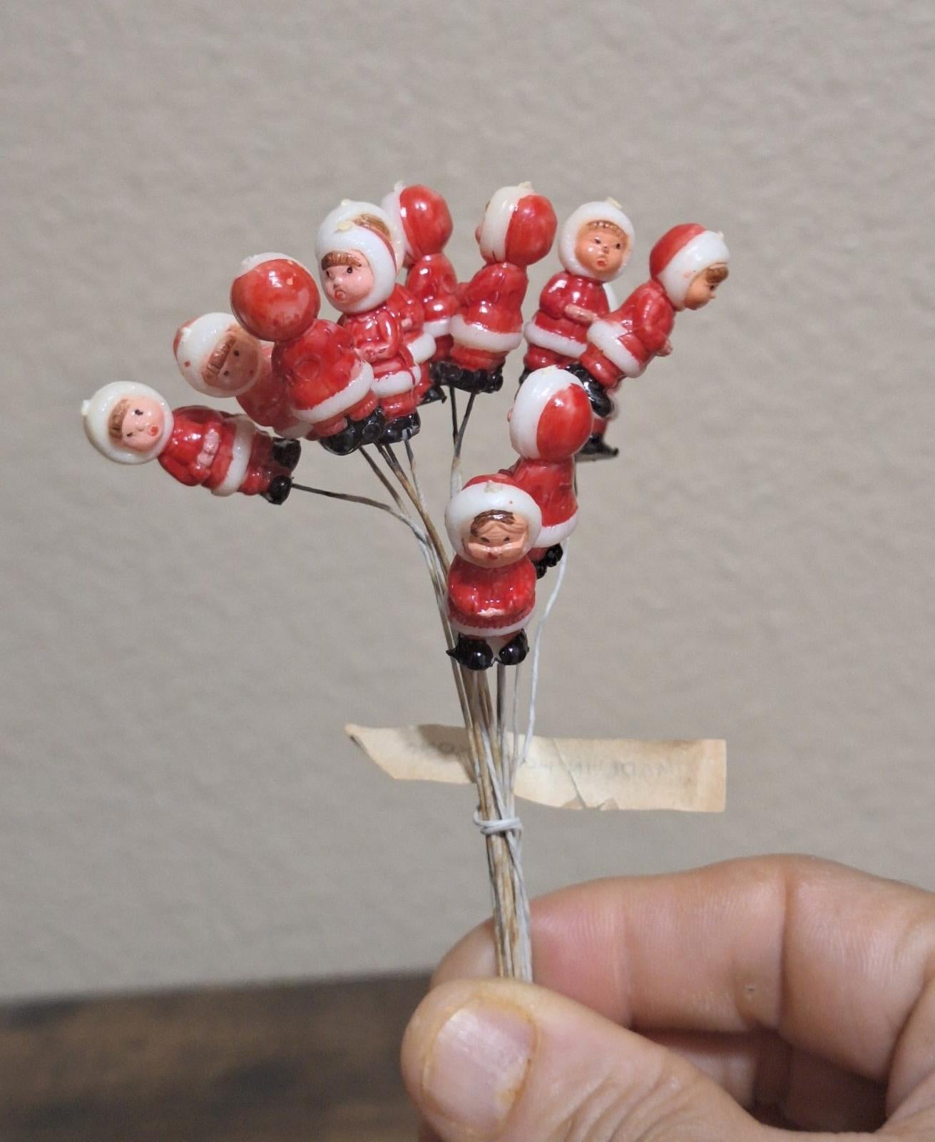 1950s/60s Set Of 12 Hand Painted Hard Plastic Mini Eskimos on a Wire