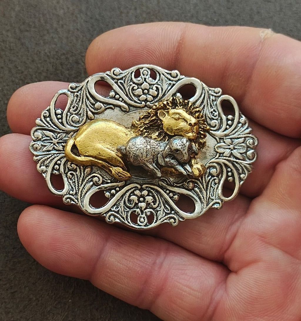 Biblical Lion & The Lamb Two Tone Openwork Filigree Brooch