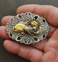 Biblical Lion & The Lamb Two Tone Openwork Filigree Brooch