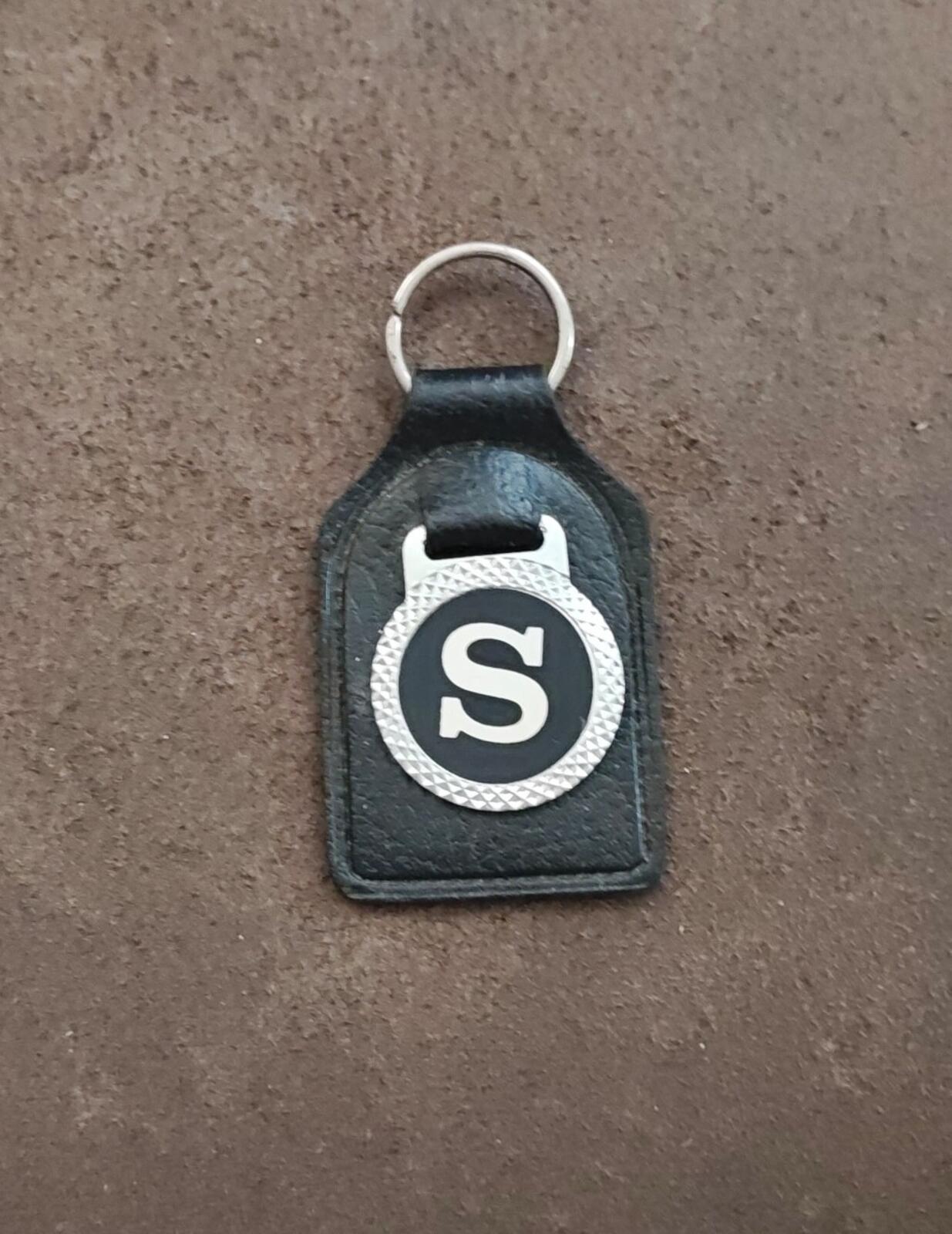 1970s Black Leather Stylized Initial Letter "S" Emblem Keychain/Key Fob