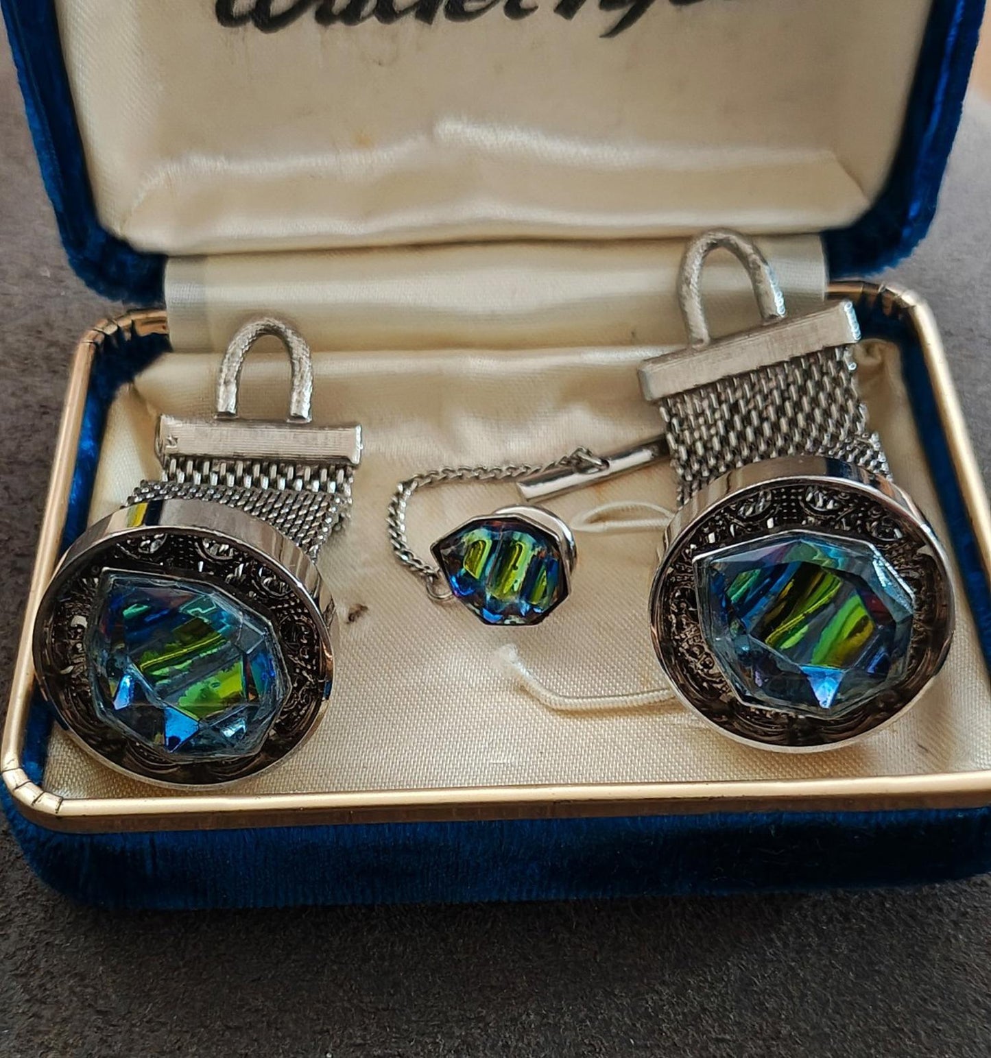 1950/60’s Walter Pye’s Iridescent Watermelon Rivoli Stone Cufflinks and Tie Tack